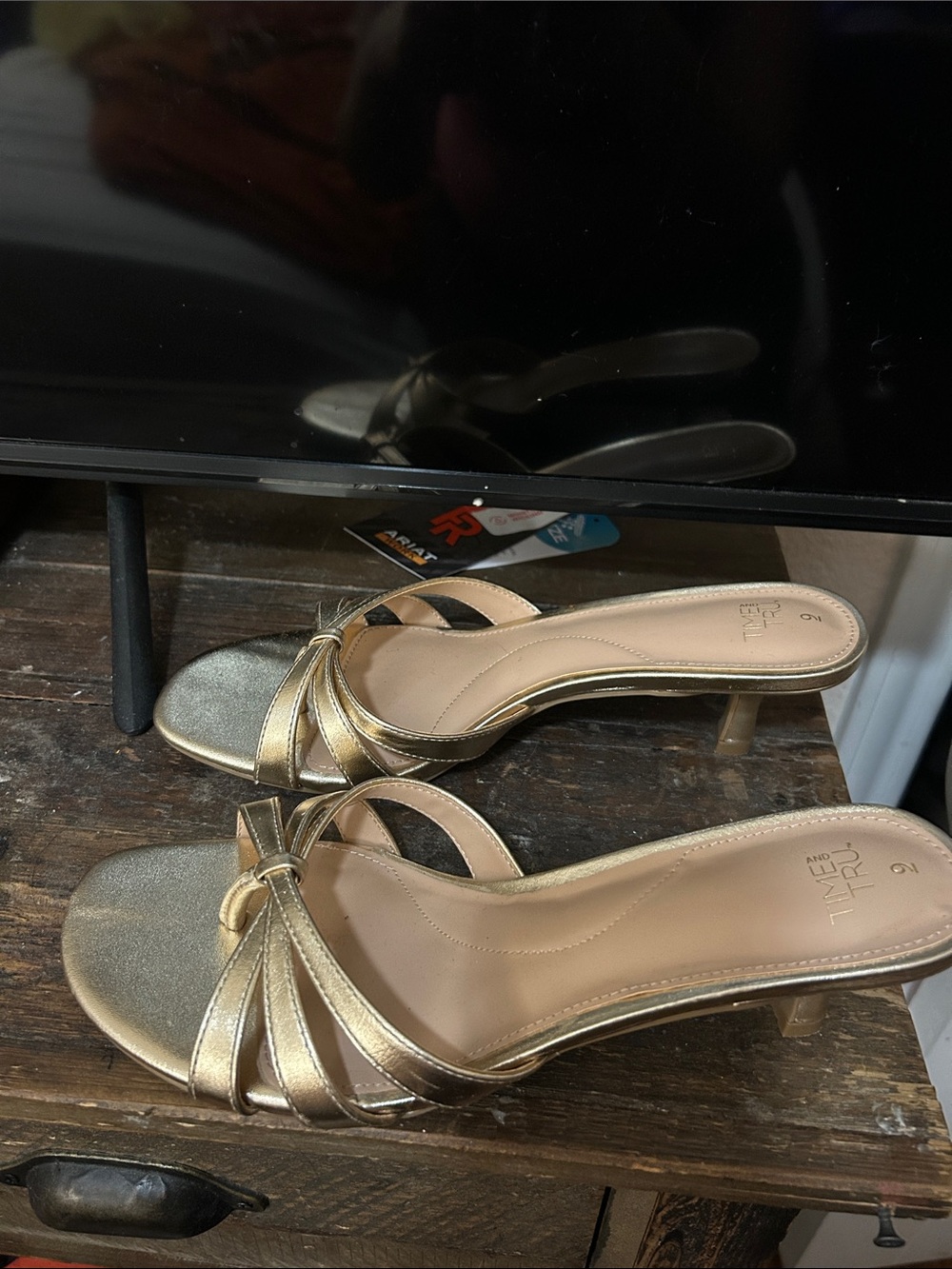 Time and Tru Gold Strappy Kitten Heel Mules
